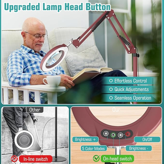 10X Magnifying Glass with Light and Stand, Real Glass Lens (Not Acrylic), 5 Color Modes, Stepless Dimmable, LED 3-in-1 Floor Lamp, Swing Arm with Clamp, Lighted Magnifier Hands Free for Crafts - Red