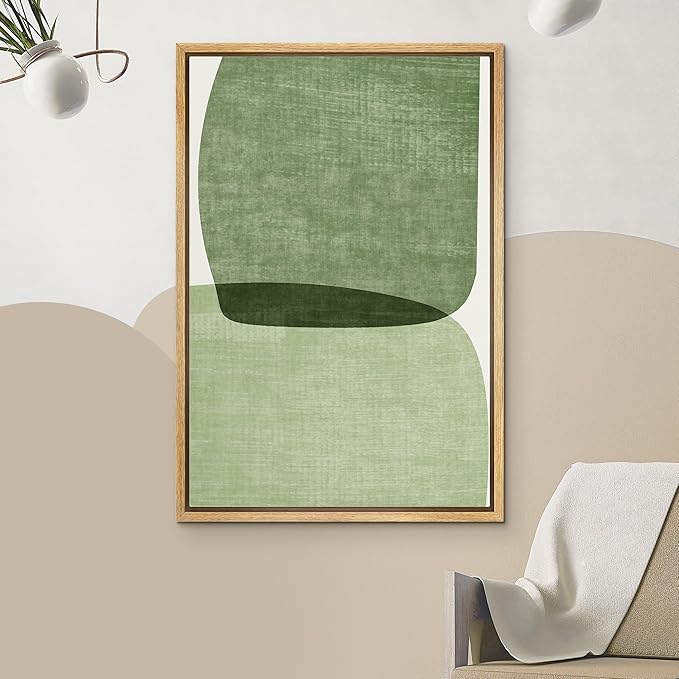 IDEA4WALL Framed Canvas Print Wall Art Sage Green Mid-Century Modern Watercolor Blot Abstract Shapes Illustrations Modern Art Decorative Minimalist Relax/Cozy Multicolor for Bedroom - 24"x36" Natural