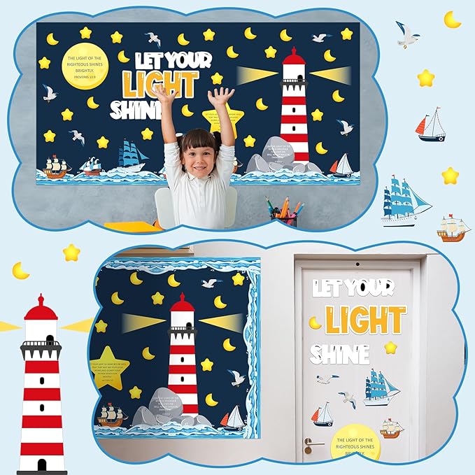 109Pcs Christian Religious Bulletin Board Set Let Your Light Shine Classroom Decoration VBS 2026 Bible Verse Lighthouse Paper Cutout for Church Easter Sunday School Chalkboard Door Wall Decor