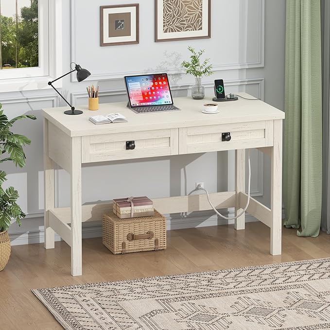 Farmhouse Computer Desk with 2 Drawers, 39 Inch Small Office Computer Desk with Power Outlets, Compact Writing Study Vanity Desk for Small Spaces, White