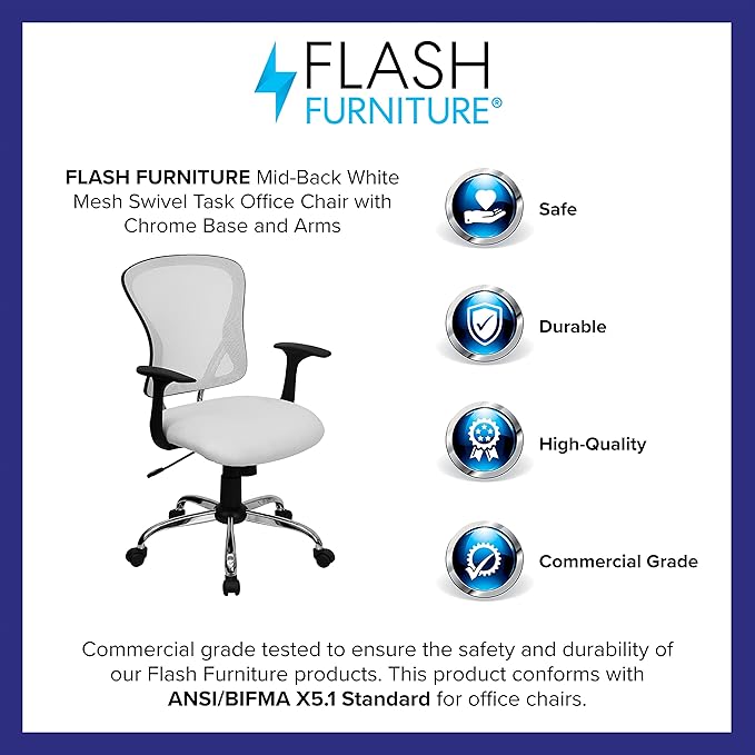 Flash Furniture Alfred Mid-Back White Mesh Swivel Task Office Chair with Chrome Base and Arms