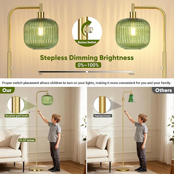 QiMH Glass Floor Lamp for Living Room, Modern Standing Lamp with Green Ribbed Glass Lampshade, Stepless Dimmable Rotary Switch, 67” Tall Lamp for Bedroom Home Decor, Brushed Gold