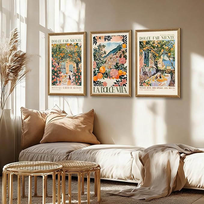 SYWENNOI 3 Pieces Wood Framed Italy Scenes Canvas Wall Art, Tuscan Wall Decor for Living Spaces, Vintage City Landscape Art Poster Prints for Bedroom Dining Room Ready to Hang 20x30x3 inches