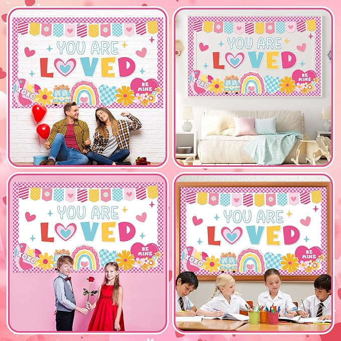 Valentine's Day Bulletin Board Decoration Set Happy Valentine's Day You are Loved Classroom Decorations Love Heart Rainbow Flowers Paper Cutouts for School Home Office Chalkboard Wall Door Decor