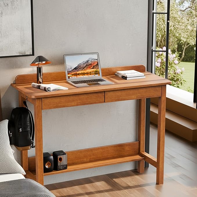 Mid Century Modern Desk - Walnut, 39 x 16 Inch Narrow Desk with 2 Drawers, Bookshelf & 2 Hooks, Writing & Computer Desk for Small Spaces