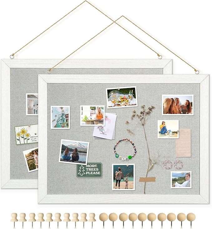 DOLLAR BOSS Cork Boards with Linen 2-Pack 16''X 12'' Cork Board for Walls White Wood Framed Small Bulletin Board Hanging Pin Board for Home Kitchen Office Decoration 20 Pushpin, Grey