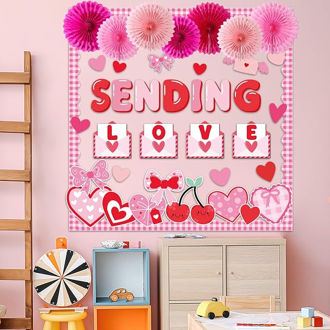 Valentine's Day Bulletin Board Decoration with 3D Paper Fans Valentines Party Classroom Bulletin Board Decorations Sending Love Heart Envelope Cutouts Red Pink Heart Cut Outs for School Home Wall Door