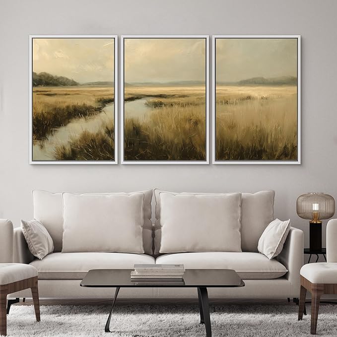 SIGNWIN Framed Canvas Print Wall Art Set Creek Through Golden Grasslands Illustrations Decorative Relax/Calm Zen for Living Room, Bedroom, Office - 16"x24"x3 WHITE
