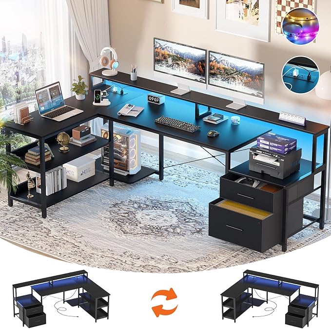 Aheaplus L Shaped Desk with File Drawer, 72.8" Reversible L Shaped Computer Desk with Power Outlet & LED Strip, Gaming Desks with Long Monitor Stand, Corner Office Desks with Storage Shelf, Black