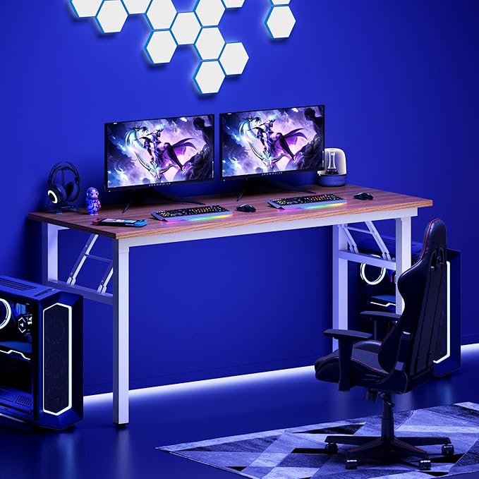 DlandHome Computer Desk, 59.8Inch Office Desk Computer Table, Study Writing Study Desk for Home Office, Teak and White