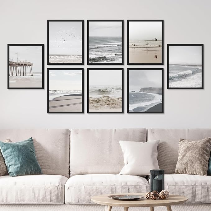 SIGNWIN Framed Poster Wall Art Set of Ocean Beach Seashore Coastals, White Minimalist California Ocean Beach Seashore Pier Nature Wilderness for Living Room, Bedroom, Office - 12"x16"x 8 Black