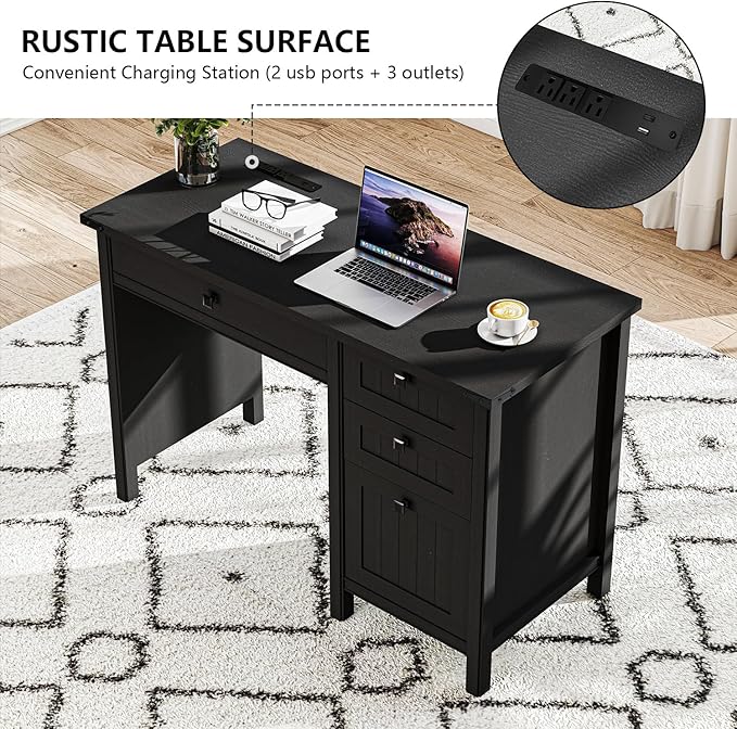 Farmhouse Executive Desk 45 inch Computer Desk with 4 Drawers, Smart Charging Station, Home Office & Study Room Essential for Remote Workers, Professionals & Students.Black