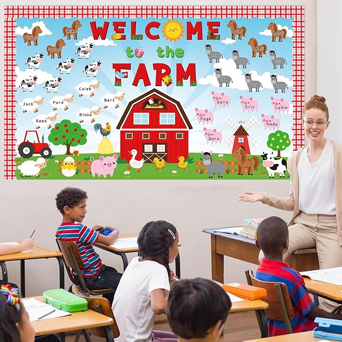 gisgfim Farm Animals Bulletin Board Decorations with Background Welcome to The Farm Paper Cutouts Barnyard Farm Back to School Bulletin Board Set for School Classroom Chalkboard Wall Decor Supplies