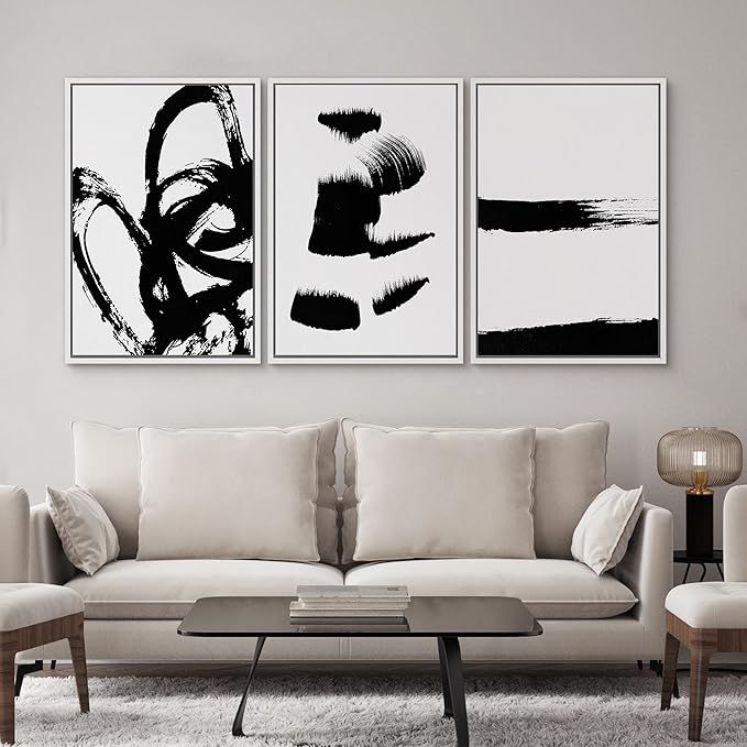 SIGNWIN Framed Wall Art Print Set Grunge Style Black & White Paint Strokes Abstract Shapes Illustrations Modern Art Bohemian Group Dramatic Grey for Living Room, Bedroom, Office - 16"x24"x3 White