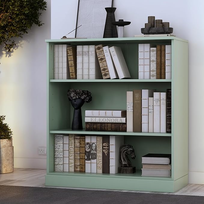 Palace Imports Solid Wood Bookshelf - 32” W x 36" H - 3 Shelf Bookcase - Sage, Short Bookcase with Adjustable Shelves for Living Room Display Furniture, 100% Eco-Friendly Wood, Modular Cabinets