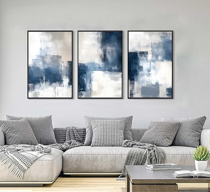 3 Pcs Framed Navy Blue Abstract Canvas Wall Art Modern Minimalist Neutral Blue and Grey Paintings Pictures Wall Decor Poster Print Artwork for Living Room Bedroom Office Home Decoration