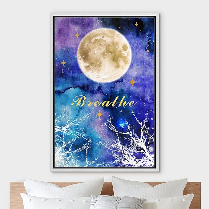 IDEA4WALL Framed Canvas Print Wall Art Breathe Watercolor Galaxy with Harvest Moon Astronomy & Space Sky Illustrations Modern Art Glam Colorful for Living Room, Bedroom, Office - 24"x36" WHITE