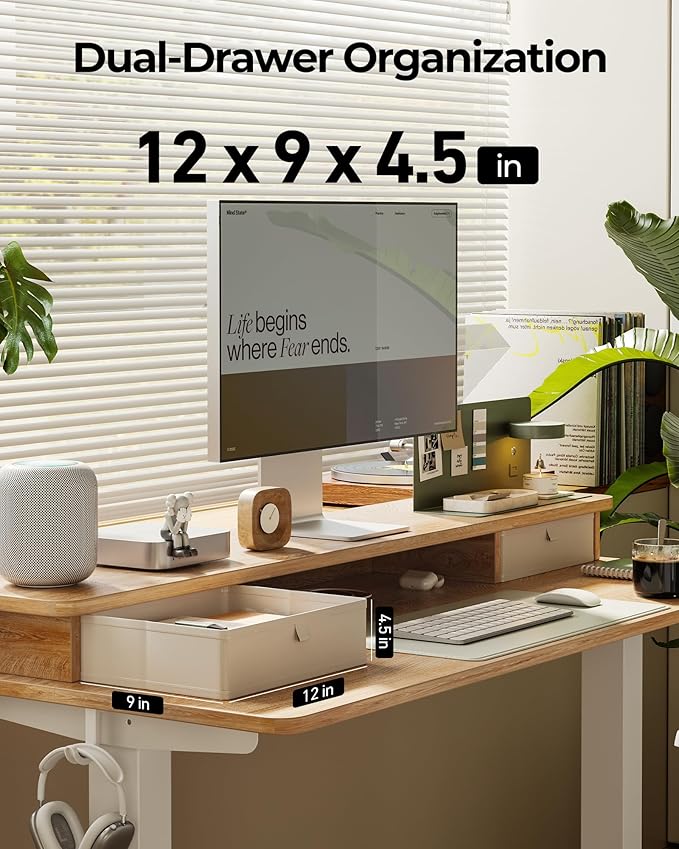FEZIBO 55 x 24 Inch Height Adjustable Electric Standing Desk with Double Drawer, Stand up Home Office Computer Desk with 4 Height-Adjustable Feets & 2 Hooks, Maple