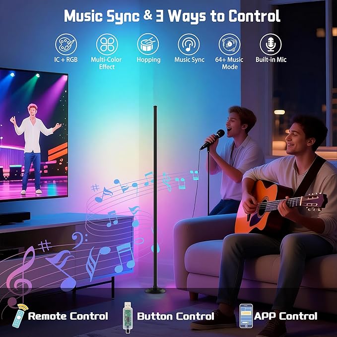 Led Corner Floor Lamp USB Powered with App & Remote Control, Color Changing Led Lamp Music Sync IC+RGBW, Timer, 64+ Music Modes, Standing Lamps for Living Room Lamp Bedroom Gaming Room, 2 Pack