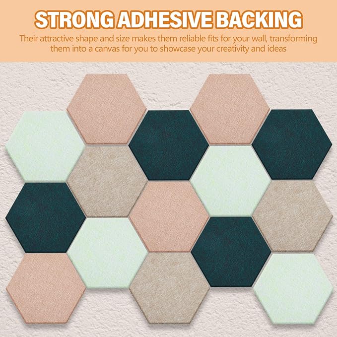 16 Pcs Hexagon Cork Board for Walls with 50 Wooden Push Pins 6.7 x 5.9 in Felt DIY Tiles Notice with Nano Tape Hanging Bulletin Board for Home Photo Office Memo Note (Green)