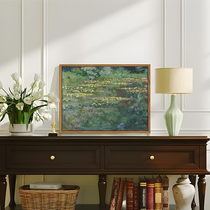 Framed Claude Monet Wall Art – Vintage Water Lilies Pond Painting Wall Decor, Impressionist Living Room Wall Art, Classic Aesthetic Canvas Prints for Bedroom Kitchen Bathroom – 12"x16"