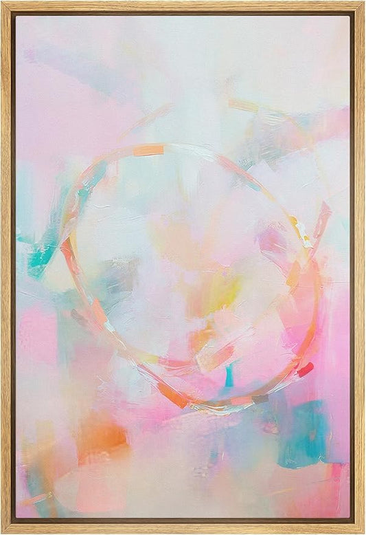 SIGNFORD Framed Canvas Print Wall Art Watercolor Blush Pink Teal Paint Abstract Geometric Illustration Minimalism Decorative Colorful Mid-Century for Living Room, Bedroom, Office - 24"x36" Natural