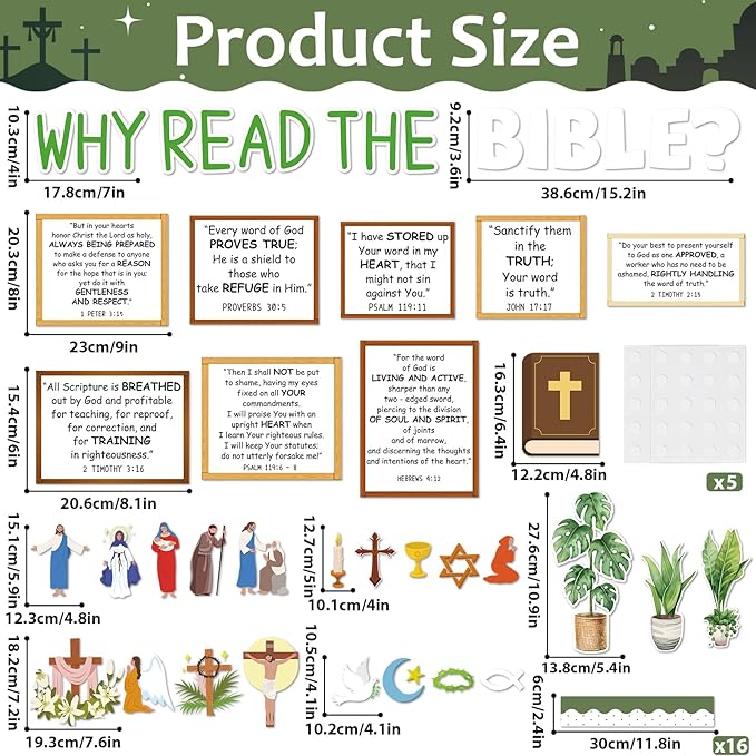 gisgfim Christian Plant Bulletin Board Decorations Set Religious Bookshelf Motivational Paper Cutouts Bible Verse Bulletin Board Decor for Classroom Back to School Sunday School Chalkboard Wall