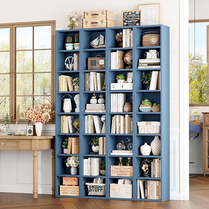 FOTOSOK 2 Pcs 71'' Tall Narrow Bookshelf, 8-Tier Media Tower Rack Set of 2, CD DVD Storage Cabinet with Adjustable Shelves, Tall Narrow Bookcase Skinny Display Bookshelf Slim Shelf, Blue