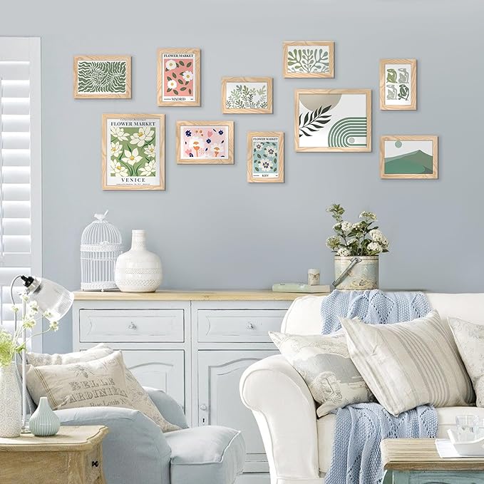 upsimples 10 Pack Picture Frames Collage Wall Decor for Mounting or Tabletop Display, Photo Gallery Frame Set for Family, Multi Sizes Including 8x10, 5x7, 4x6, Natural