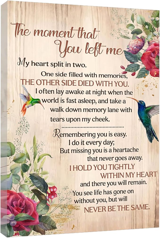 RCVTVPV The Moment That You Left Me Wall Art My Heart Split In Two Poster Hummingbird Canvas Wall Art For Home Office Framed Ready to Hang 12"x16"