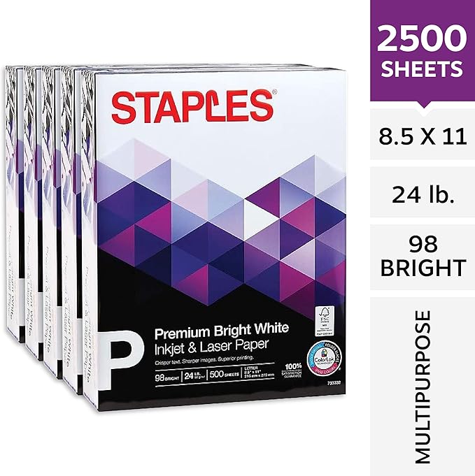 Staples Inkjet Paper – 8.5” x 11” Multipurpose, 24 lbs, 98Bright, 5-Reams/Carton