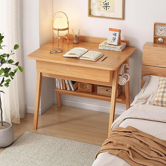 Home Office Writing Desk with Drawers, Modern Wood Table with Storage Shelves & Hooks, Computer Workstation Study Desk Writing Table Simple Zero Assembly Without Chair(24inch/60cm, Natural)