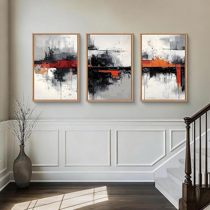 HOURIA Modern Abstract Framed Canvas Wall Art Set,Neutral Black and Orange Wall Decor,Textured Gray White Wall Painting,Pastel Strokes Art Prints for Living Room, Bedroom, Farmhouse-16 x24 x3