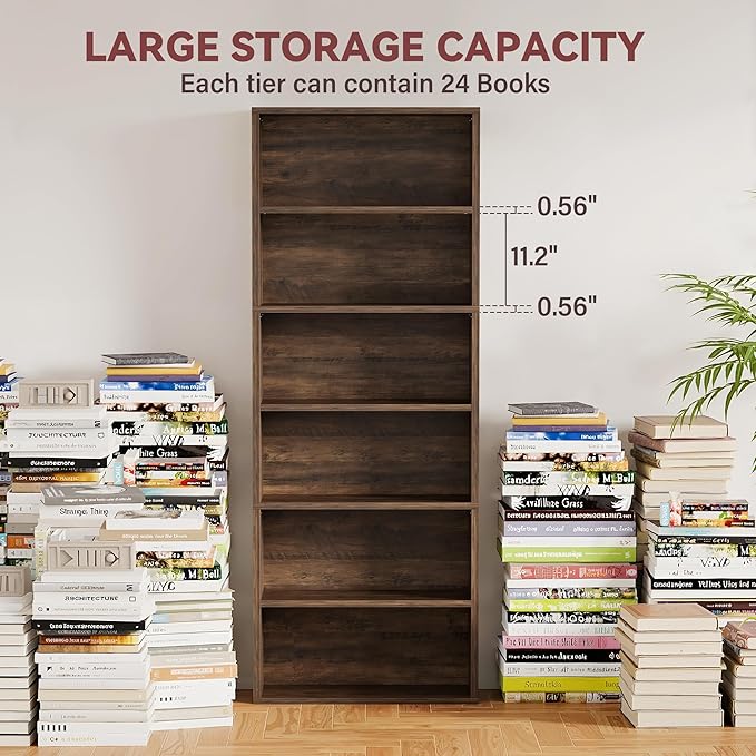 YESHOMY Industrial 6 Tier Bookcase, 71" Tall Brown Bookshelves Open Frame, Basic Floor Standing Bookcases & Bookshelf for Home Office, Living Room, Bed Room