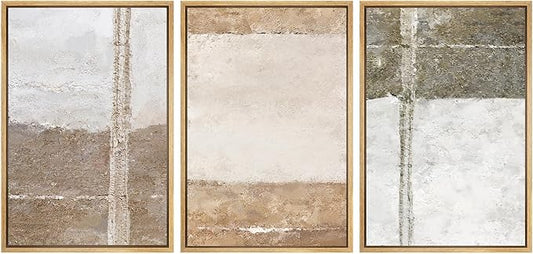SIGNWIN Framed Canvas Print Wall Art Set Grunge Gray Brown Pastel Landscape Abstract Shapes Illustrations Modern Art Geometric Zen Mid-Century for Living Room, Bedroom, Office - 24"x36"x3 Natural