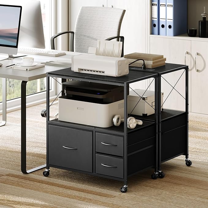 File Cabinet with Charging Station, 3 Drawer Lateral Filing Cabinet for Home Office, Mobile Printer Stand with Open Shelf, Fits A4/Letter Size File, Nonwovens Drawer, Black FCHB98E01