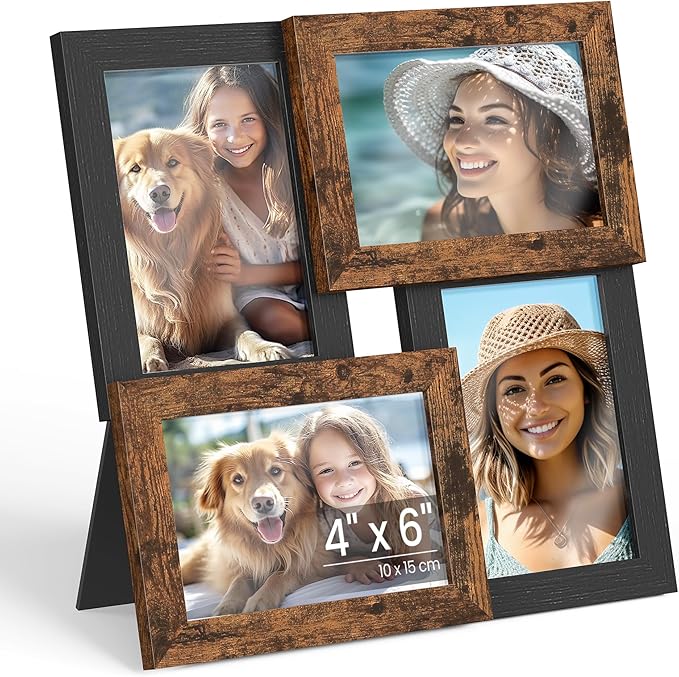 SONGMICS Collage Picture Frames, 4x6 for Wall Decor, Multi Family Photo for Gallery Decor, Hanging Display, Set of 4, Ink Black and Rustic Brown URPF025K01