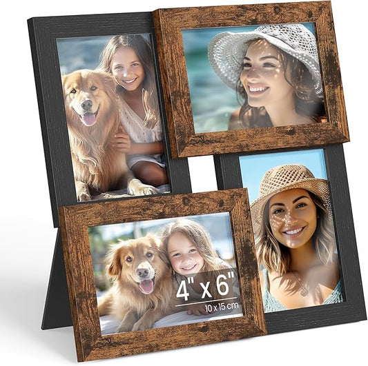 SONGMICS Collage Picture Frames, 4x6 for Wall Decor, Multi Family Photo for Gallery Decor, Hanging Display, Set of 4, Ink Black and Rustic Brown URPF025K01