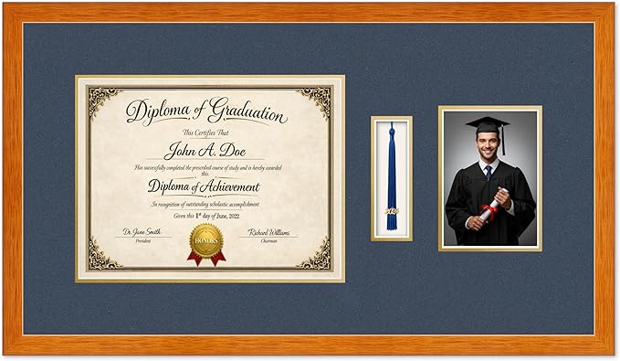 Diploma Tassel and Photo Frame Honey Oak Shadowbox Navy Blue Over Gold Mat - Fits 13 x 10 Degree Picture Made in the USA