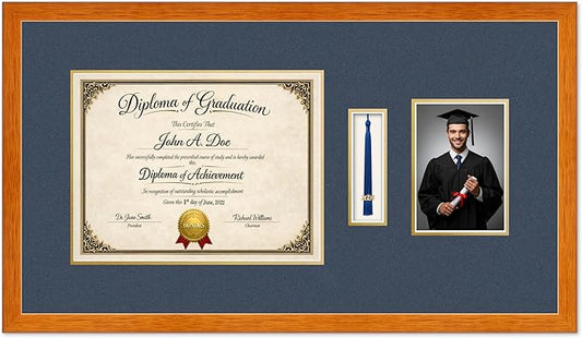 Diploma Tassel and Photo Frame Honey Oak Shadowbox Navy Blue Over Gold Mat - Fits 13 x 10 Degree Picture Made in the USA