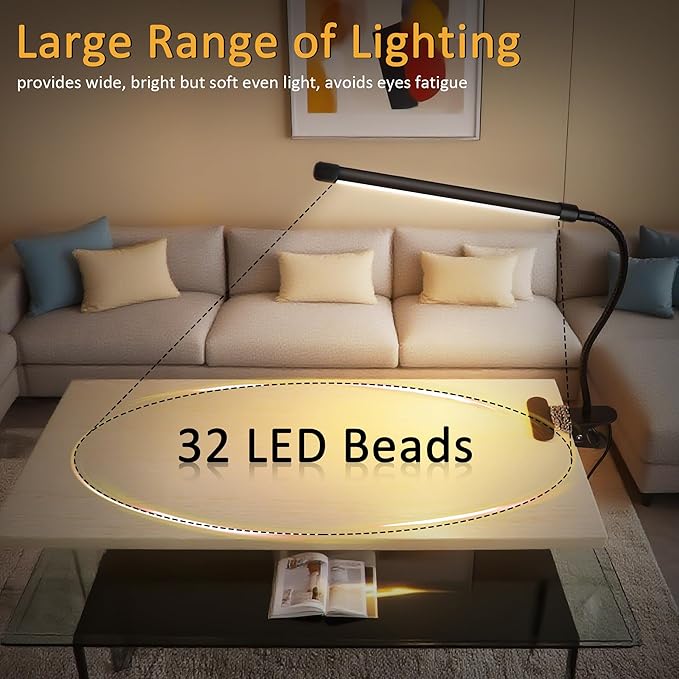 LED Clip on Light 8W Reading Lights for Books in Bed, Adjustable 3 Modes 10 Brightness Dimmable Clamp Lamp, Flexible Book Light Clip on for Bed Workbench Drafting, 580LM, USB Adapter Included