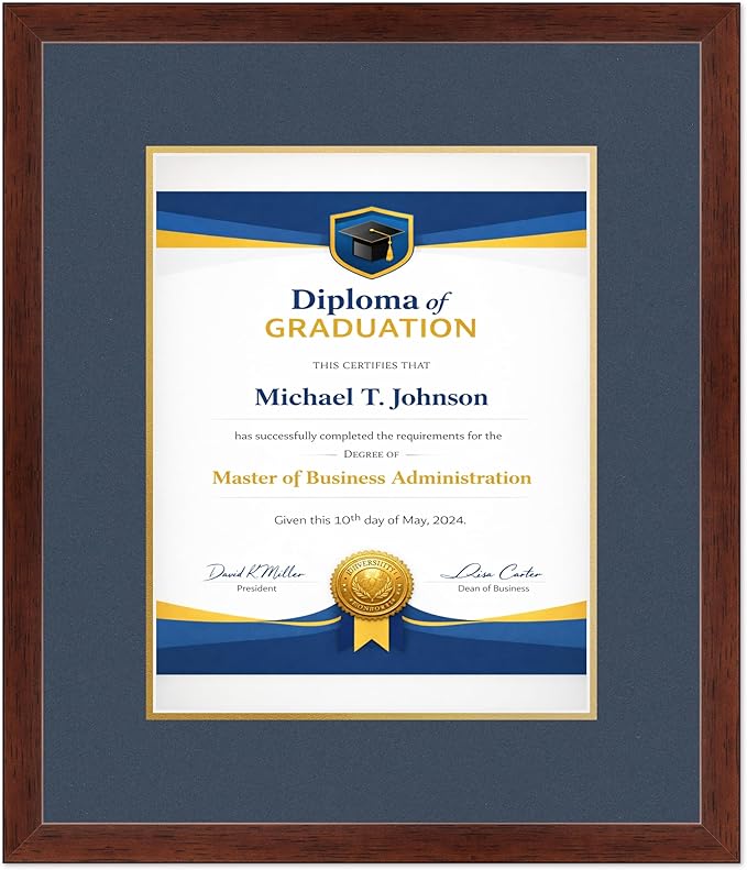 Diploma Frame Rustic Walnut With Navy Blue Over Gold Double Mat - Fits 11 x 14 College Diploma (Portrait) Wall Display Made in the USA