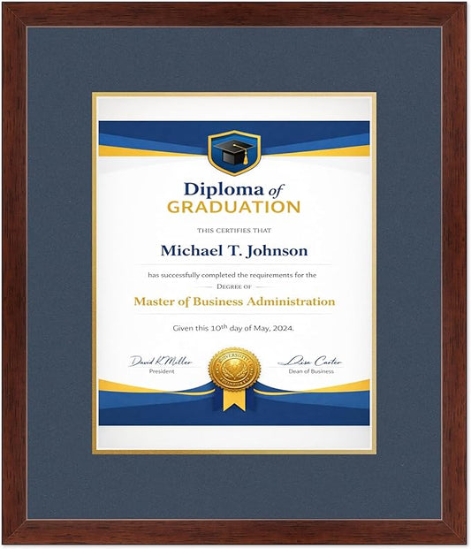 Diploma Frame Rustic Walnut With Navy Blue Over Gold Double Mat - Fits 11 x 14 College Diploma (Portrait) Wall Display Made in the USA