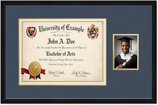 CountryArtHouse Fits 17 x 13 International Diploma and 5 x 7 Photo Diploma and Photo Frame Matte Black Genuine Hardwood with Navy Blue Over Metallic Gold Double mat