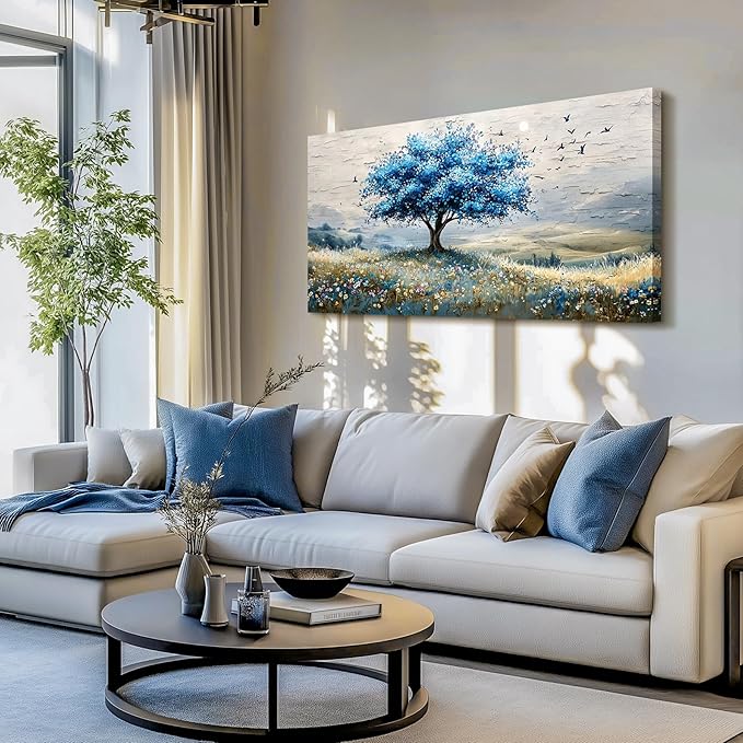 SERIMINO Tree of Life Large Wall Art, Country Landscape Canvas Art Prints, Blue Tree Nature Artwork for Walls, Modern Wall Pictures for Living Room Bedroom Dining Room, Rustic Farmhouse Decor 29"X57"