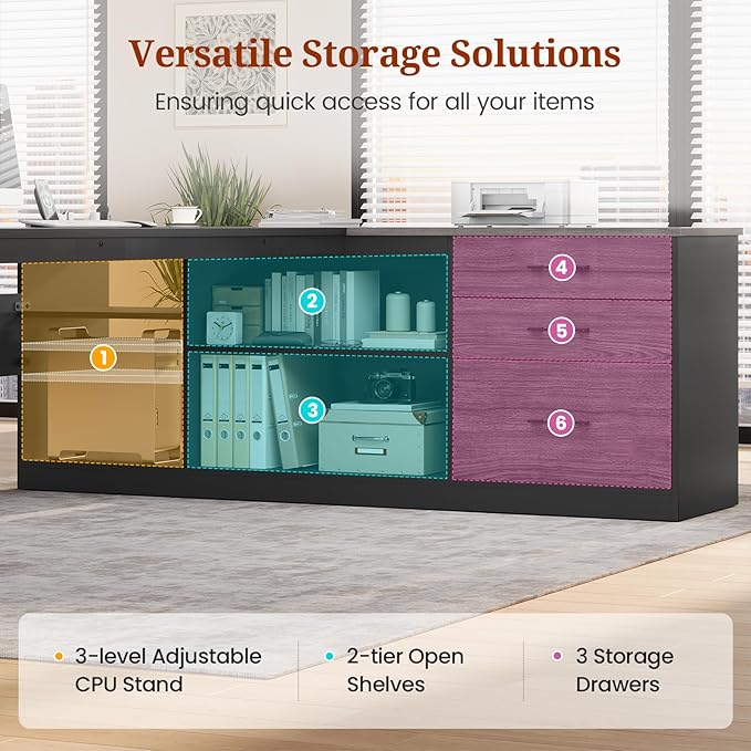 71" Executive Desk, Large Office Desk with Drawers & Storage Shelves, Modern L Shaped Computer Desk Corner Desk with Power Outlets, File Cabinet, Business Furniture Desk Workstation (Grey)