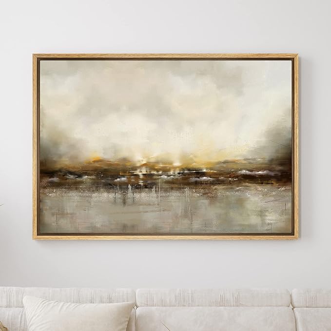 SIGNWIN Framed Canvas Wall Art Dramatic Golden Landscape by The Sea on a Cloudy Day Coastal Ocean Oil Painting Abstract Modern Closeup for Living Room, Bedroom, Office - 16"x24" Natural