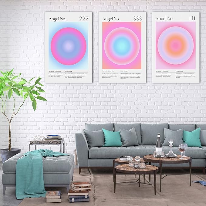 Colorful Gradient Aura Angel Numbers Poster Canvas Print Artwork Room Decor for Bedroom Aesthetic, 3 Piece Framed Inspirational Minimalist Art Paintings Decor for Bedroom Office 24"x36" x 3 Pcs