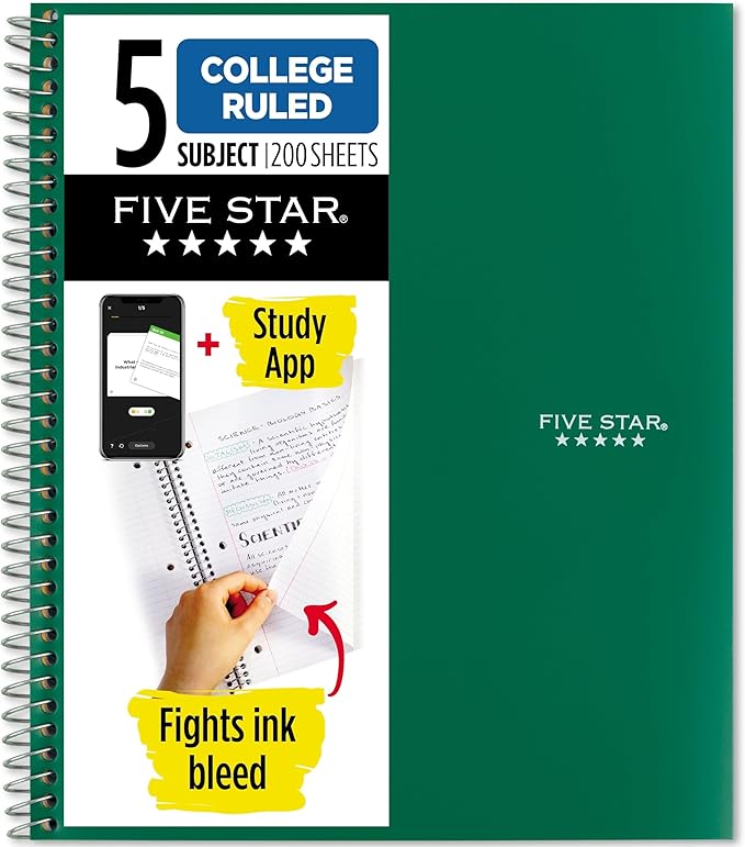 Five Star Spiral Notebook + Study App, 5 Subject, College Ruled Paper, 8-1/2" x 11", 200 Sheets, Fights Ink Bleed, Water Resistant Cover, Forest Green (72079)