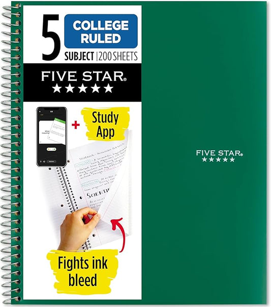 Five Star Spiral Notebook + Study App, 5 Subject, College Ruled Paper, 8-1/2" x 11", 200 Sheets, Fights Ink Bleed, Water Resistant Cover, Forest Green (72079)